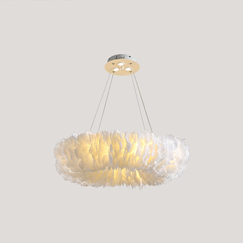 White Doughnut Chandelier Lamp Minimalist Feather Loop Pendant Lighting Fixture White 23.5" with Spot Light Clearhalo 'Ceiling Lights' 'Chandeliers' 'Modern Chandeliers' 'Modern' Lighting' 2546724