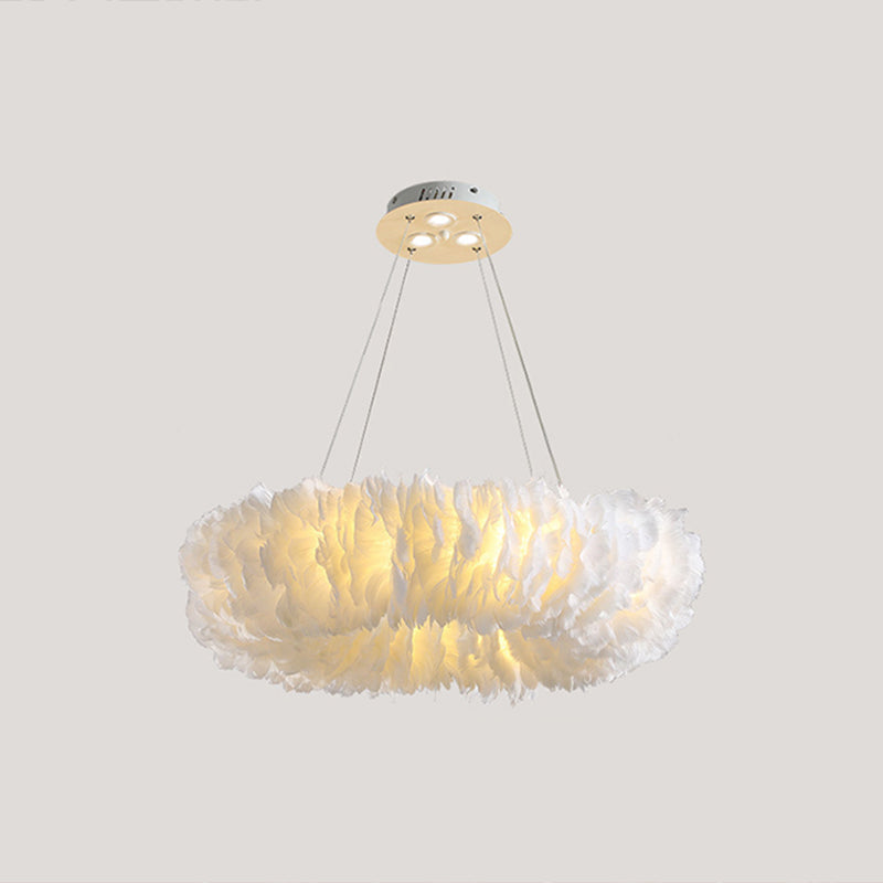 White Doughnut Chandelier Lamp Minimalist Feather Loop Pendant Lighting Fixture White 27.5" with Spot Light Clearhalo 'Ceiling Lights' 'Chandeliers' 'Modern Chandeliers' 'Modern' Lighting' 2546725