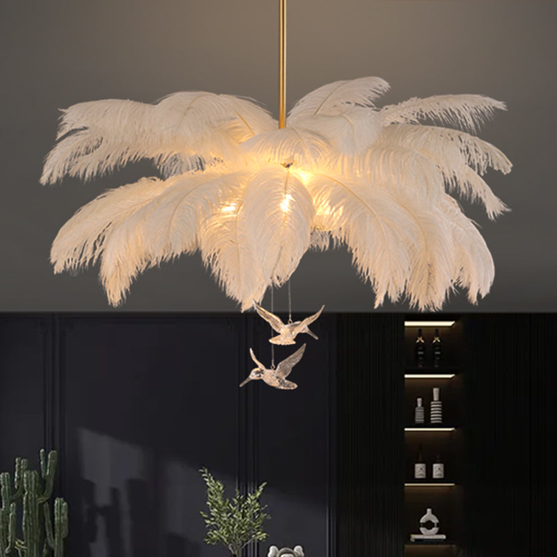 Novelty Palm Tree Hanging Light Nordic Style Feather Living Room Chandelier in White Clearhalo 'Ceiling Lights' 'Chandeliers' 'Modern Chandeliers' 'Modern' Lighting' 2546739
