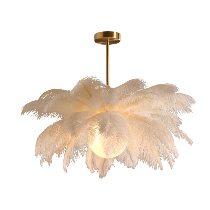 Novelty Palm Tree Hanging Light Nordic Style Feather Living Room Chandelier in White White 23.5" Globe Clearhalo 'Ceiling Lights' 'Chandeliers' 'Modern Chandeliers' 'Modern' Lighting' 2546742
