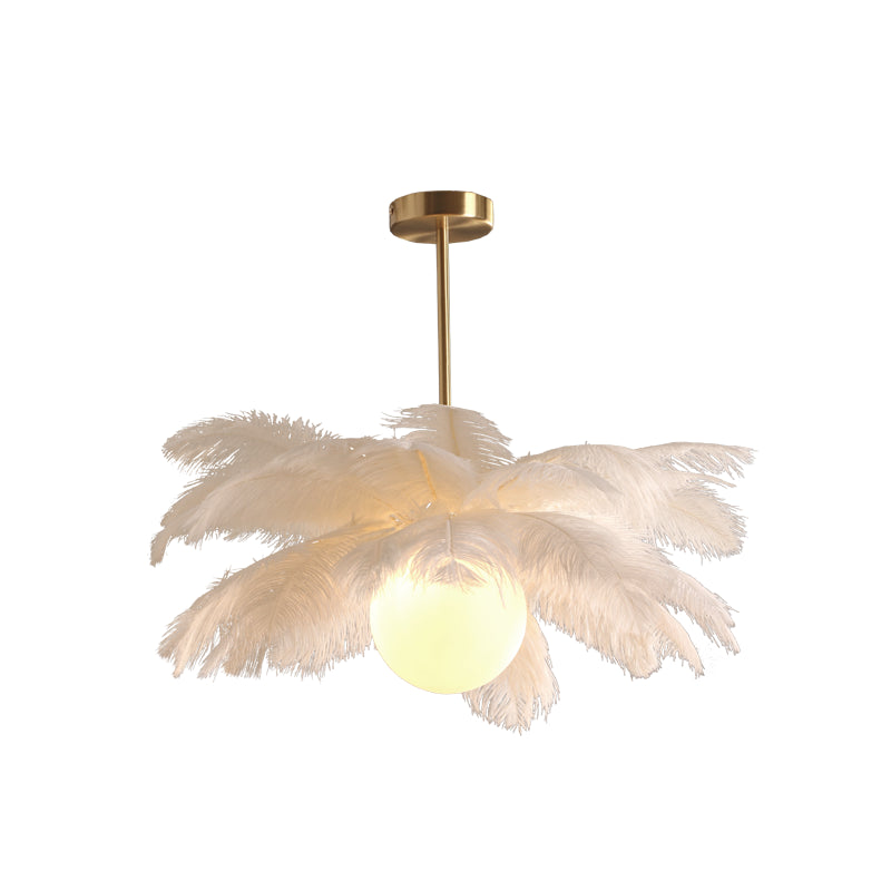Novelty Palm Tree Hanging Light Nordic Style Feather Living Room Chandelier in White White 21.5" Globe Clearhalo 'Ceiling Lights' 'Chandeliers' 'Modern Chandeliers' 'Modern' Lighting' 2546743