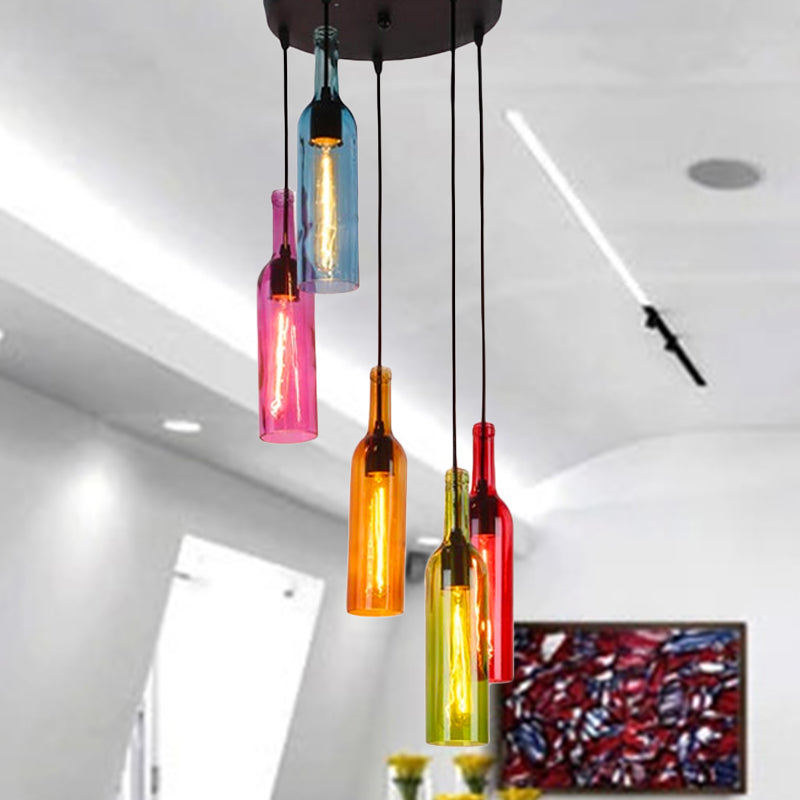 Glass Wine Bottle Hanging Light Industrial 3/5-Head Restaurant Ceiling Pendant Lamp with Round/Linear Canopy in Black Clearhalo 'Ceiling Lights' 'Glass shade' 'Glass' 'Industrial Pendants' 'Industrial' 'Middle Century Pendants' 'Pendant Lights' 'Pendants' 'Tiffany' Lighting' 254676