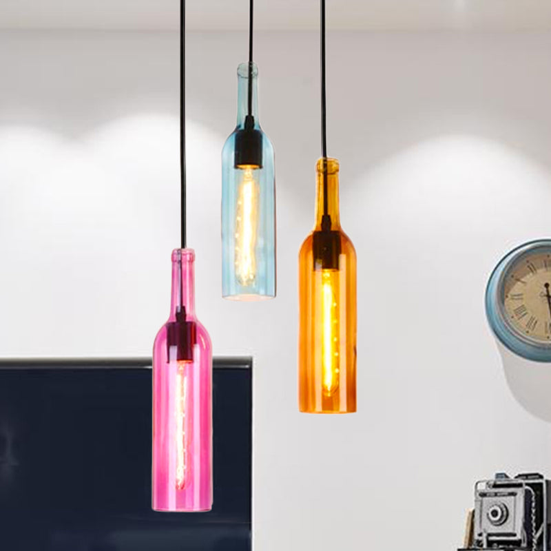 Glass Wine Bottle Hanging Light Industrial 3/5-Head Restaurant Ceiling Pendant Lamp with Round/Linear Canopy in Black Clearhalo 'Ceiling Lights' 'Glass shade' 'Glass' 'Industrial Pendants' 'Industrial' 'Middle Century Pendants' 'Pendant Lights' 'Pendants' 'Tiffany' Lighting' 254678