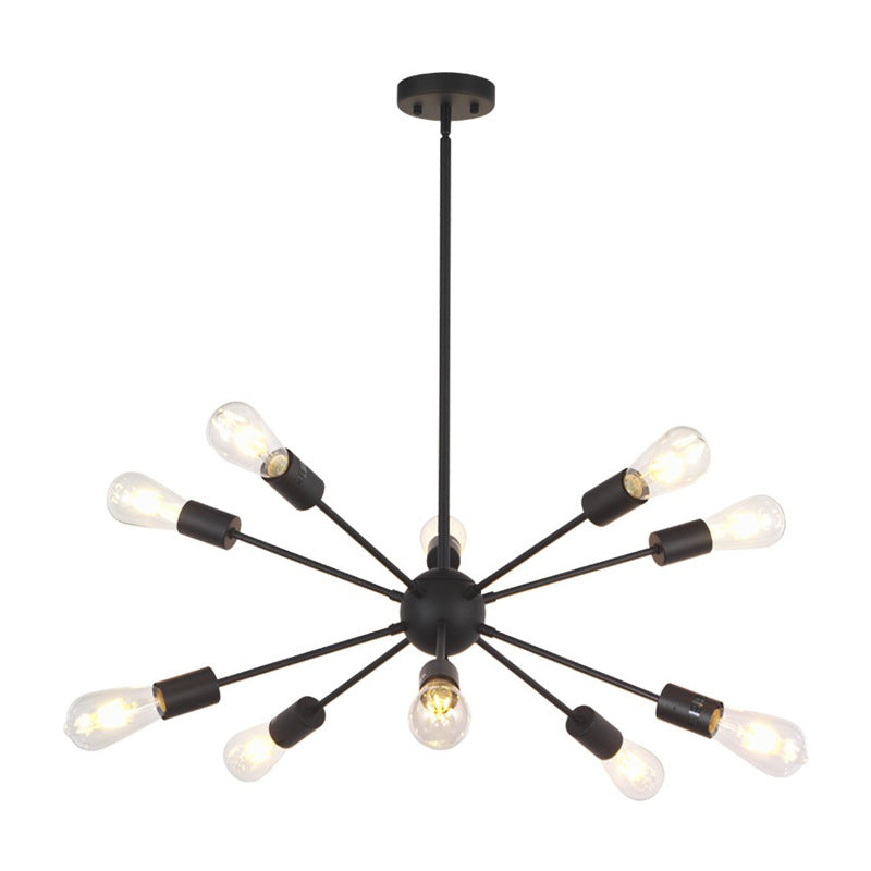 Industrial Bare Bulb Chandelier Metallic Pendant Light Fixture with Sun Burst Design 10 Black Clearhalo 'Cast Iron' 'Ceiling Lights' 'Chandeliers' 'Industrial Chandeliers' 'Industrial' 'Metal' 'Middle Century Chandeliers' 'Rustic Chandeliers' 'Tiffany' Lighting' 2546797