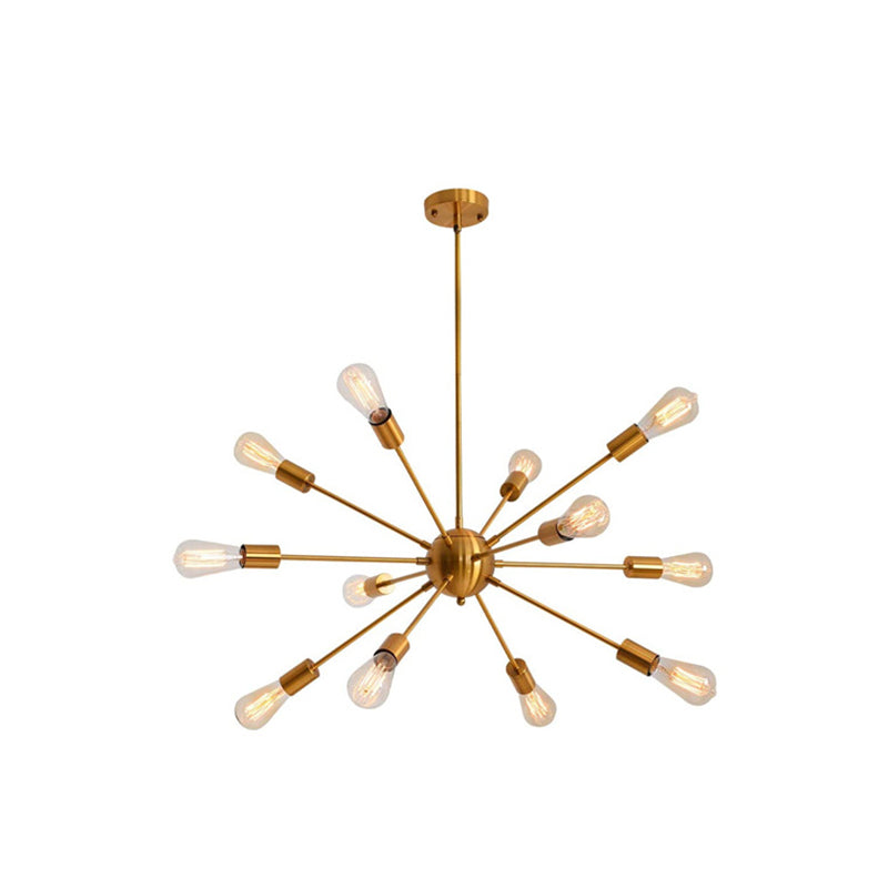 Industrial Bare Bulb Chandelier Metallic Pendant Light Fixture with Sun Burst Design 12 Brass Clearhalo 'Cast Iron' 'Ceiling Lights' 'Chandeliers' 'Industrial Chandeliers' 'Industrial' 'Metal' 'Middle Century Chandeliers' 'Rustic Chandeliers' 'Tiffany' Lighting' 2546802
