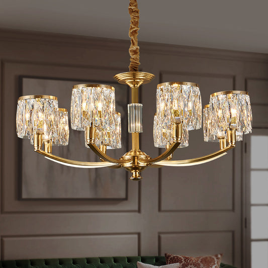 Brass Arced Arm Hanging Lamp Modern Metal Chandelier with Prismatic Crystal Shade Clearhalo 'Ceiling Lights' 'Chandeliers' 'Modern Chandeliers' 'Modern' Lighting' 2546812