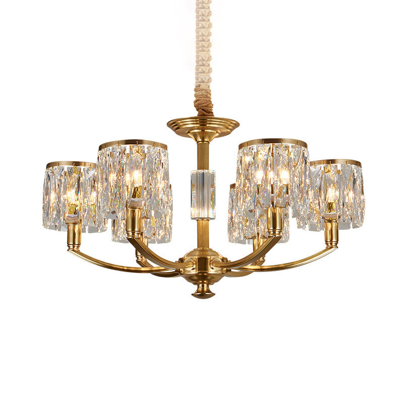 Brass Arced Arm Hanging Lamp Modern Metal Chandelier with Prismatic Crystal Shade 6 Brass Clearhalo 'Ceiling Lights' 'Chandeliers' 'Modern Chandeliers' 'Modern' Lighting' 2546813