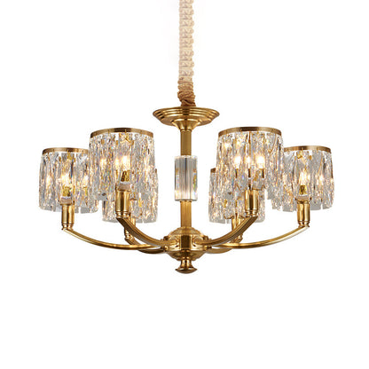 Brass Arced Arm Hanging Lamp Modern Metal Chandelier with Prismatic Crystal Shade 6 Brass Clearhalo 'Ceiling Lights' 'Chandeliers' 'Modern Chandeliers' 'Modern' Lighting' 2546813