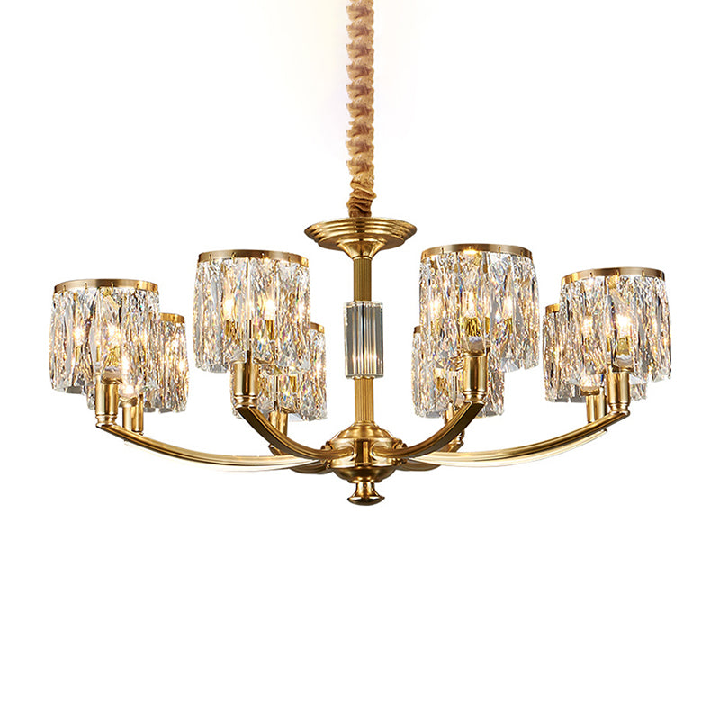 Brass Arced Arm Hanging Lamp Modern Metal Chandelier with Prismatic Crystal Shade 8 Brass Clearhalo 'Ceiling Lights' 'Chandeliers' 'Modern Chandeliers' 'Modern' Lighting' 2546814