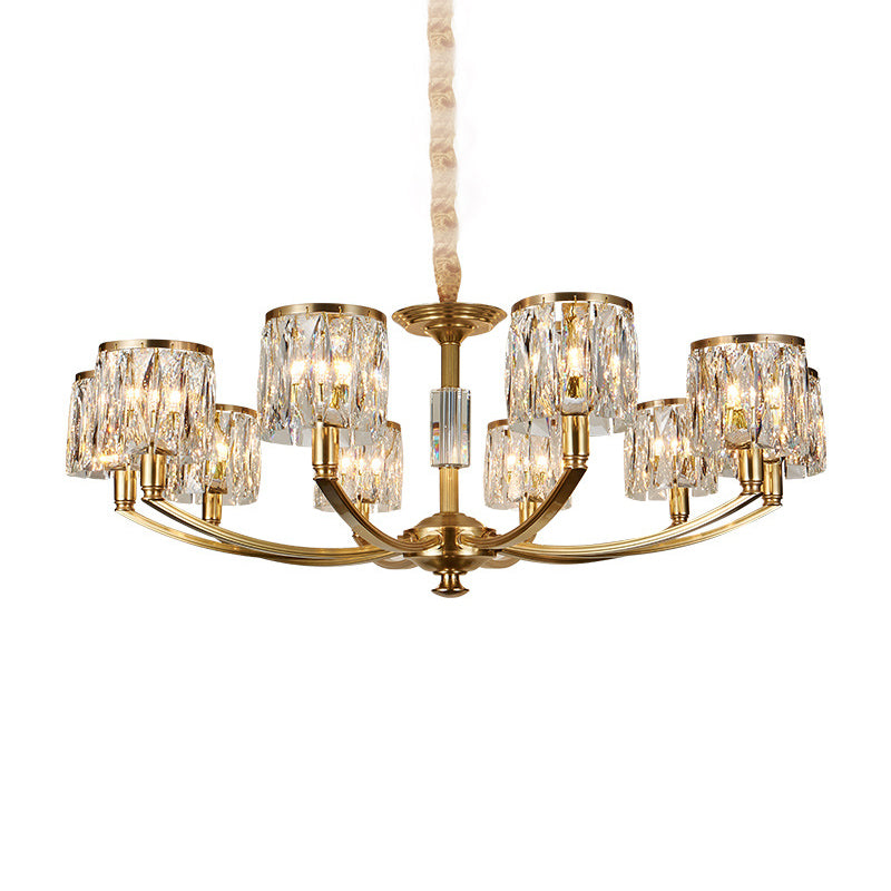 Brass Arced Arm Hanging Lamp Modern Metal Chandelier with Prismatic Crystal Shade 10 Brass Clearhalo 'Ceiling Lights' 'Chandeliers' 'Modern Chandeliers' 'Modern' Lighting' 2546815