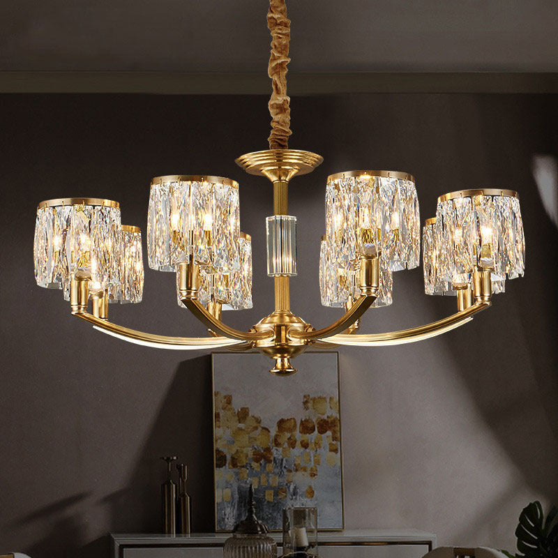Brass Arced Arm Hanging Lamp Modern Metal Chandelier with Prismatic Crystal Shade Clearhalo 'Ceiling Lights' 'Chandeliers' 'Modern Chandeliers' 'Modern' Lighting' 2546816