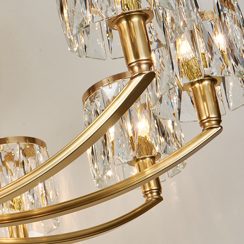Brass Arced Arm Hanging Lamp Modern Metal Chandelier with Prismatic Crystal Shade Clearhalo 'Ceiling Lights' 'Chandeliers' 'Modern Chandeliers' 'Modern' Lighting' 2546818