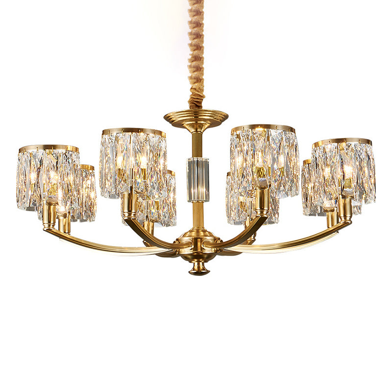 Brass Arced Arm Hanging Lamp Modern Metal Chandelier with Prismatic Crystal Shade Clearhalo 'Ceiling Lights' 'Chandeliers' 'Modern Chandeliers' 'Modern' Lighting' 2546819