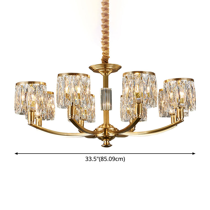 Brass Arced Arm Hanging Lamp Modern Metal Chandelier with Prismatic Crystal Shade Clearhalo 'Ceiling Lights' 'Chandeliers' 'Modern Chandeliers' 'Modern' Lighting' 2546820