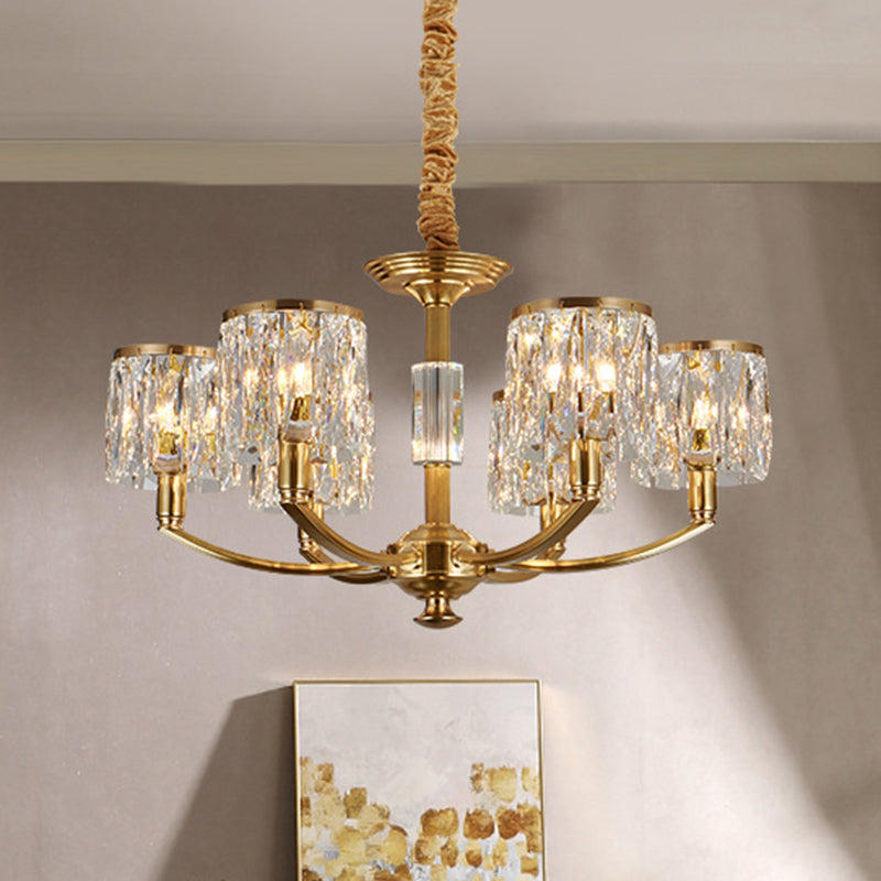 Brass Arced Arm Hanging Lamp Modern Metal Chandelier with Prismatic Crystal Shade Clearhalo 'Ceiling Lights' 'Chandeliers' 'Modern Chandeliers' 'Modern' Lighting' 2546821