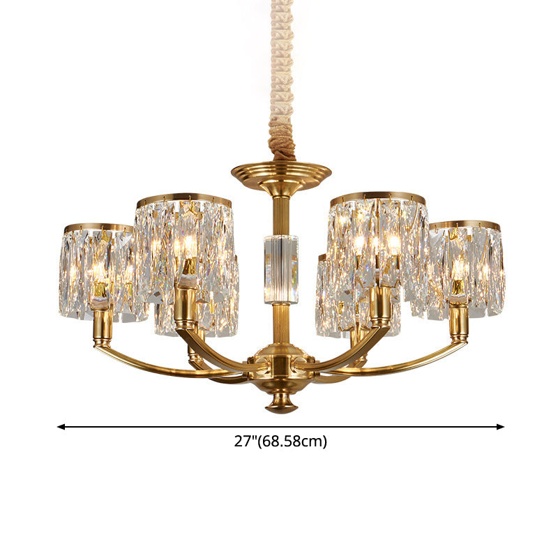 Brass Arced Arm Hanging Lamp Modern Metal Chandelier with Prismatic Crystal Shade Clearhalo 'Ceiling Lights' 'Chandeliers' 'Modern Chandeliers' 'Modern' Lighting' 2546822