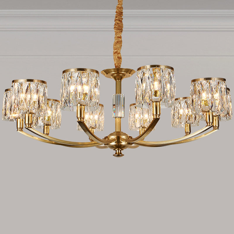 Brass Arced Arm Hanging Lamp Modern Metal Chandelier with Prismatic Crystal Shade Clearhalo 'Ceiling Lights' 'Chandeliers' 'Modern Chandeliers' 'Modern' Lighting' 2546823