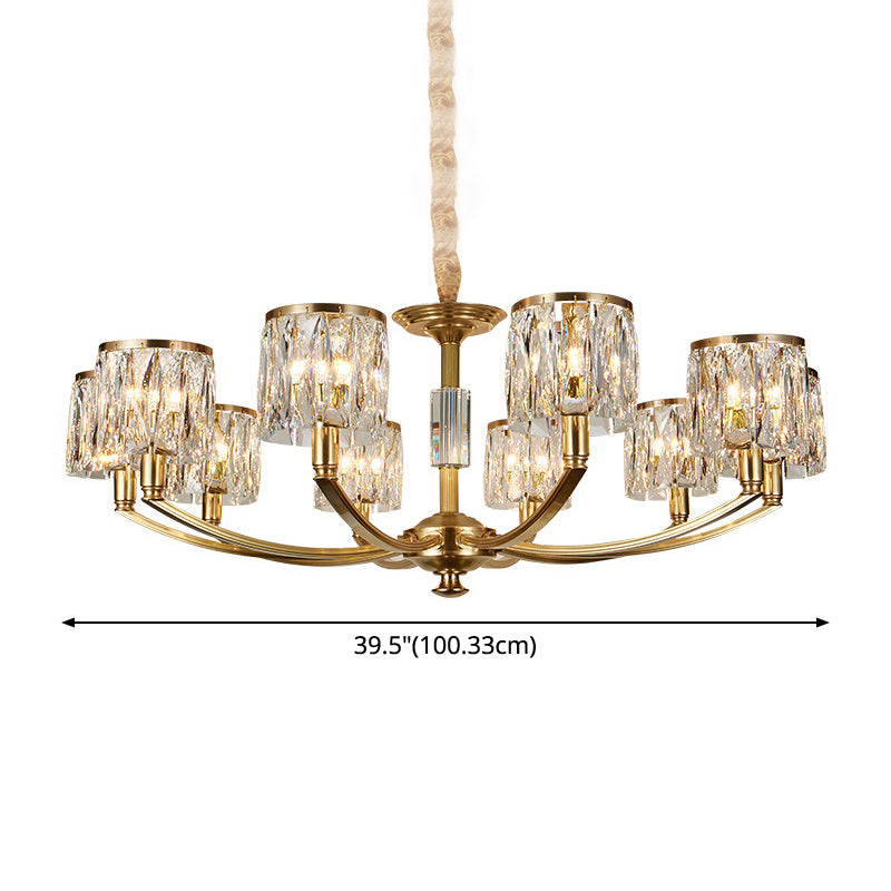 Brass Arced Arm Hanging Lamp Modern Metal Chandelier with Prismatic Crystal Shade Clearhalo 'Ceiling Lights' 'Chandeliers' 'Modern Chandeliers' 'Modern' Lighting' 2546824