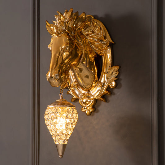 Brass Horse Sconce Light Vintage 1 Light Resin Wall Mount Light with Ice Cream Metal and Crystal Shade, 9.5"/12" Wide Clearhalo 'Wall Lamps & Sconces' 'Wall Lights' Lighting' 254684