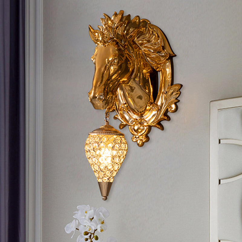 Brass Horse Sconce Light Vintage 1 Light Resin Wall Mount Light with Ice Cream Metal and Crystal Shade, 9.5"/12" Wide Brass Clearhalo 'Wall Lamps & Sconces' 'Wall Lights' Lighting' 254685