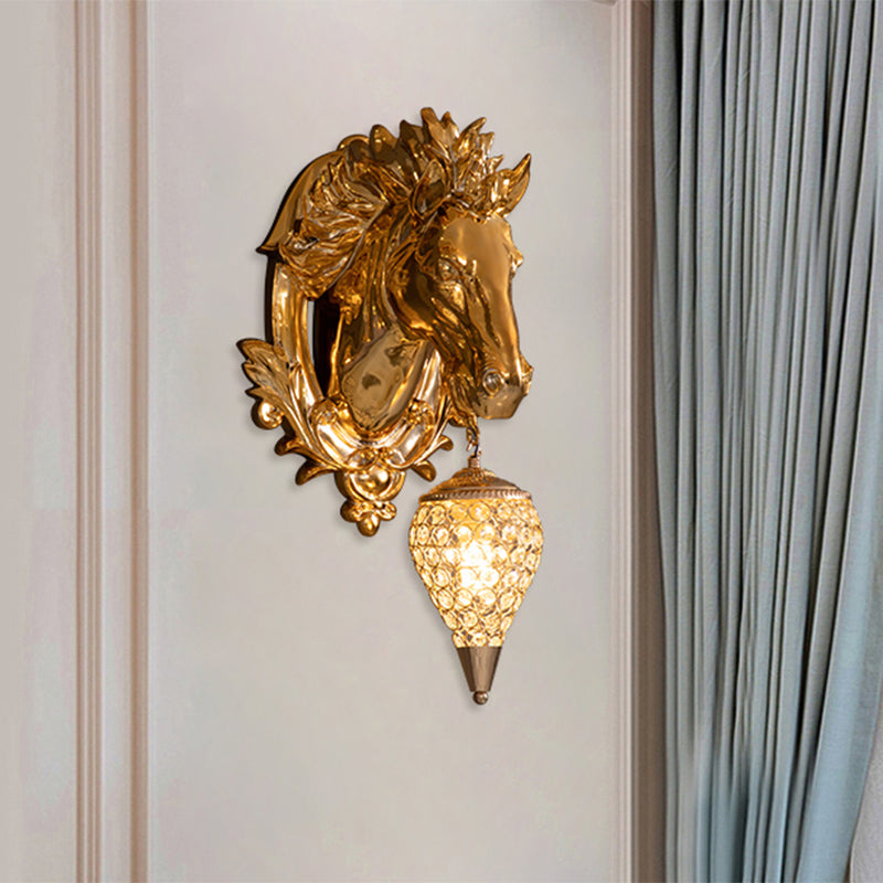 Brass Horse Sconce Light Vintage 1 Light Resin Wall Mount Light with Ice Cream Metal and Crystal Shade, 9.5"/12" Wide Clearhalo 'Wall Lamps & Sconces' 'Wall Lights' Lighting' 254686