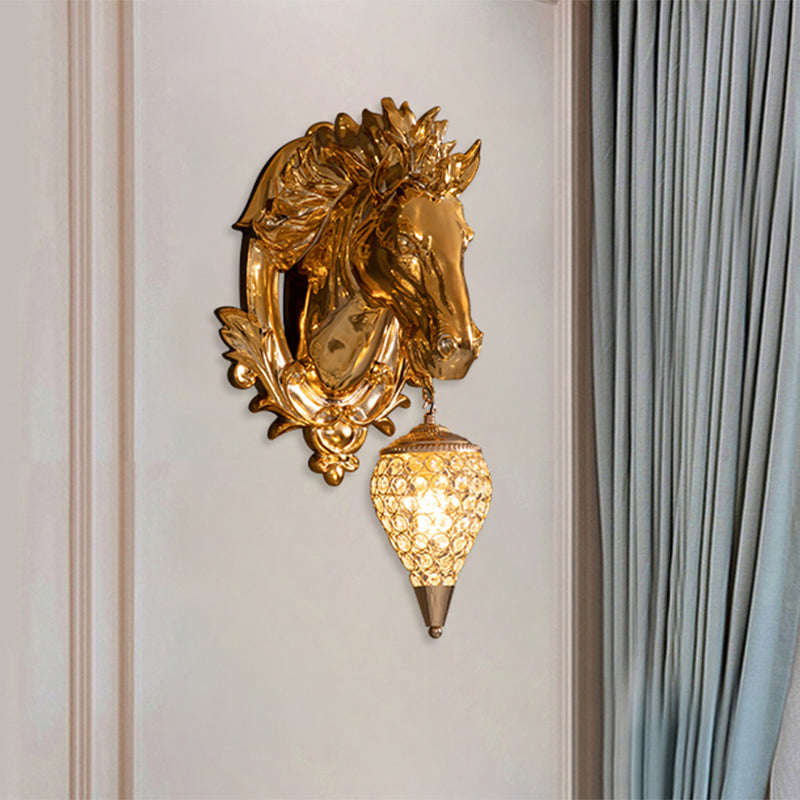 Brass Horse Sconce Light Vintage 1 Light Resin Wall Mount Light with Ice Cream Metal and Crystal Shade, 9.5"/12" Wide Clearhalo 'Wall Lamps & Sconces' 'Wall Lights' Lighting' 254686