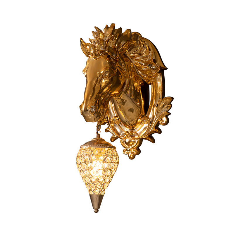 Brass Horse Sconce Light Vintage 1 Light Resin Wall Mount Light with Ice Cream Metal and Crystal Shade, 9.5"/12" Wide Clearhalo 'Wall Lamps & Sconces' 'Wall Lights' Lighting' 254688