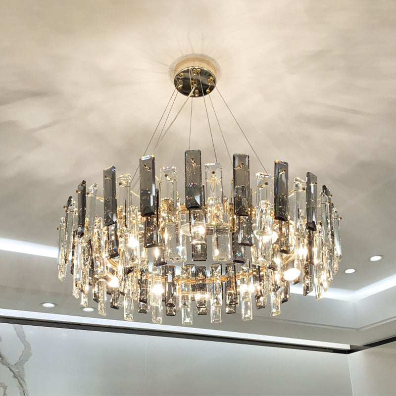 Drum Pendant Ceiling Light Modernist Smoke Grey Crystal Living Room Chandelier Lamp Smoke Gray 23.5" Rectangle Clearhalo 'Ceiling Lights' 'Chandeliers' 'Modern Chandeliers' 'Modern' Lighting' 2546907