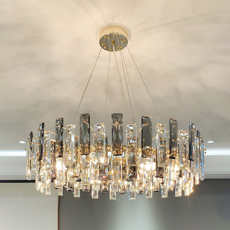 Drum Pendant Ceiling Light Modernist Smoke Grey Crystal Living Room Chandelier Lamp Smoke Gray 31.5" Rectangle Clearhalo 'Ceiling Lights' 'Chandeliers' 'Modern Chandeliers' 'Modern' Lighting' 2546908