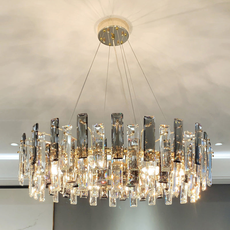 Drum Pendant Ceiling Light Modernist Smoke Grey Crystal Living Room Chandelier Lamp Smoke Gray 39.5" Rectangle Clearhalo 'Ceiling Lights' 'Chandeliers' 'Modern Chandeliers' 'Modern' Lighting' 2546910