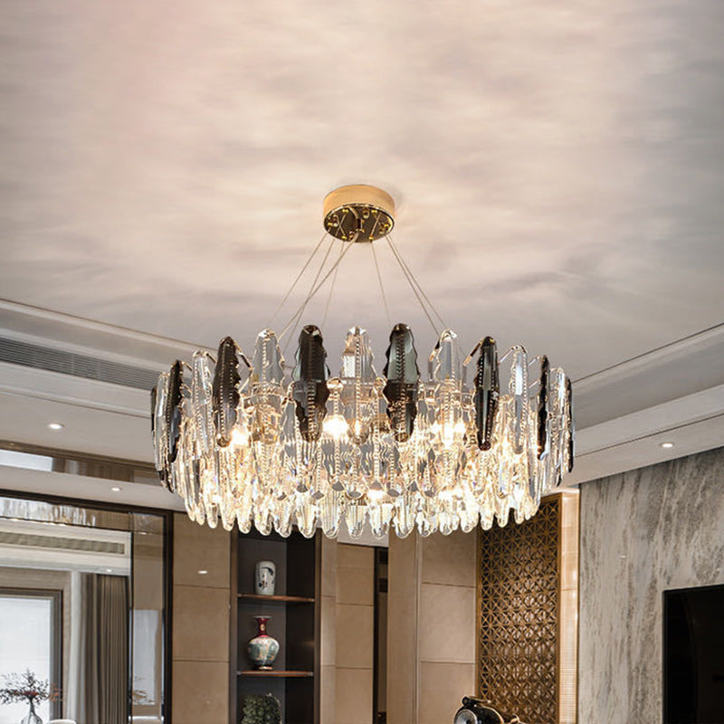 Drum Pendant Ceiling Light Modernist Smoke Grey Crystal Living Room Chandelier Lamp Smoke Gray 23.5" Maple Leaf Clearhalo 'Ceiling Lights' 'Chandeliers' 'Modern Chandeliers' 'Modern' Lighting' 2546929