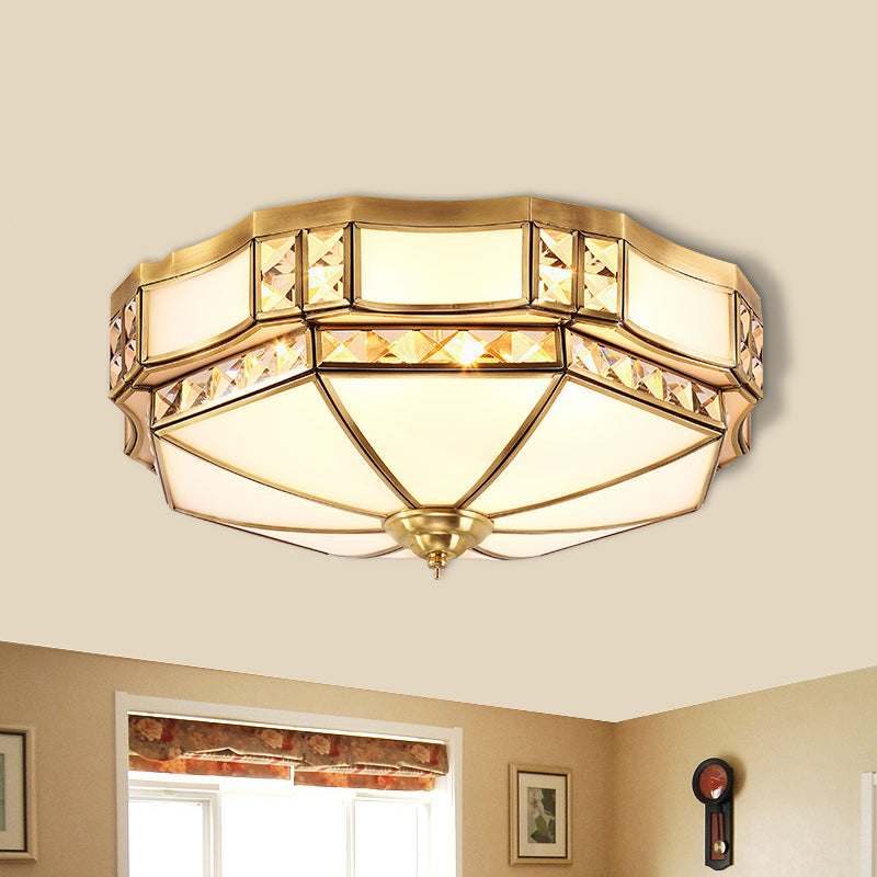 Yurt Shape Flush Lamp Traditional 3/4/6 Lights White Glass Ceiling Flush Mount with Crystal Accent Clearhalo 'Ceiling Lights' 'Close To Ceiling Lights' 'Close to ceiling' 'Flush mount' Lighting' 254693