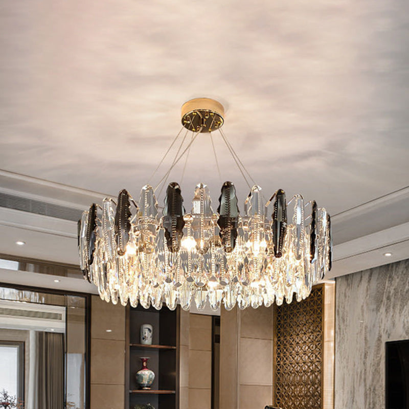 Drum Pendant Ceiling Light Modernist Smoke Grey Crystal Living Room Chandelier Lamp Smoke Gray 31.5" Maple Leaf Clearhalo 'Ceiling Lights' 'Chandeliers' 'Modern Chandeliers' 'Modern' Lighting' 2546931