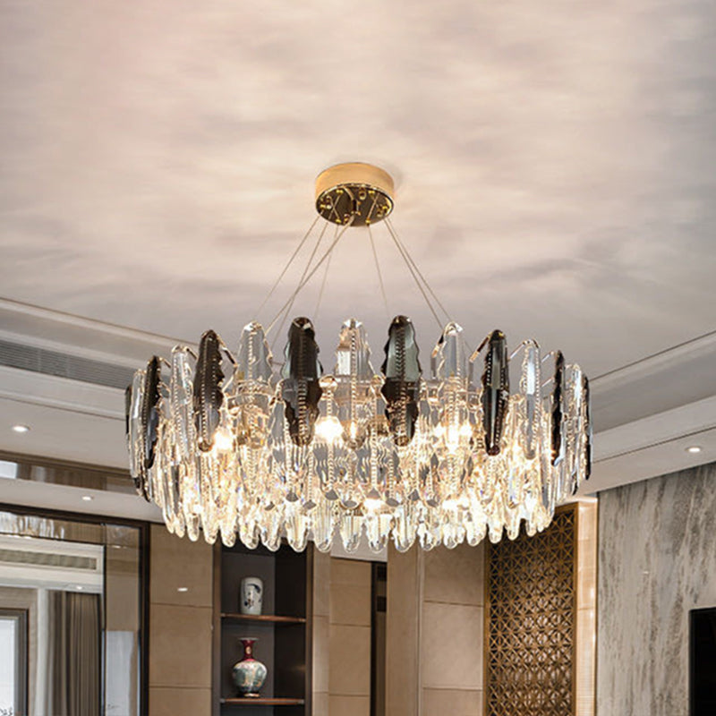 Drum Pendant Ceiling Light Modernist Smoke Grey Crystal Living Room Chandelier Lamp Smoke Gray 39.5" Maple Leaf Clearhalo 'Ceiling Lights' 'Chandeliers' 'Modern Chandeliers' 'Modern' Lighting' 2546932