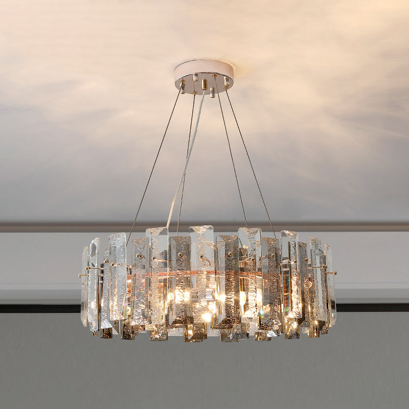 Drum Pendant Ceiling Light Modernist Smoke Grey Crystal Living Room Chandelier Lamp Smoke Gray 23.5" Prismatic Clearhalo 'Ceiling Lights' 'Chandeliers' 'Modern Chandeliers' 'Modern' Lighting' 2546934