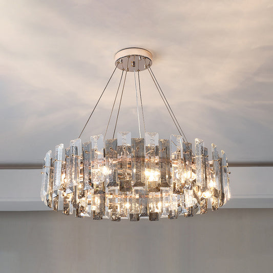 Drum Pendant Ceiling Light Modernist Smoke Grey Crystal Living Room Chandelier Lamp Smoke Gray 31.5" Prismatic Clearhalo 'Ceiling Lights' 'Chandeliers' 'Modern Chandeliers' 'Modern' Lighting' 2546936