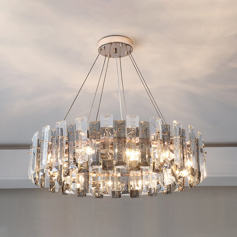 Drum Pendant Ceiling Light Modernist Smoke Grey Crystal Living Room Chandelier Lamp Smoke Gray 39.5" Prismatic Clearhalo 'Ceiling Lights' 'Chandeliers' 'Modern Chandeliers' 'Modern' Lighting' 2546939
