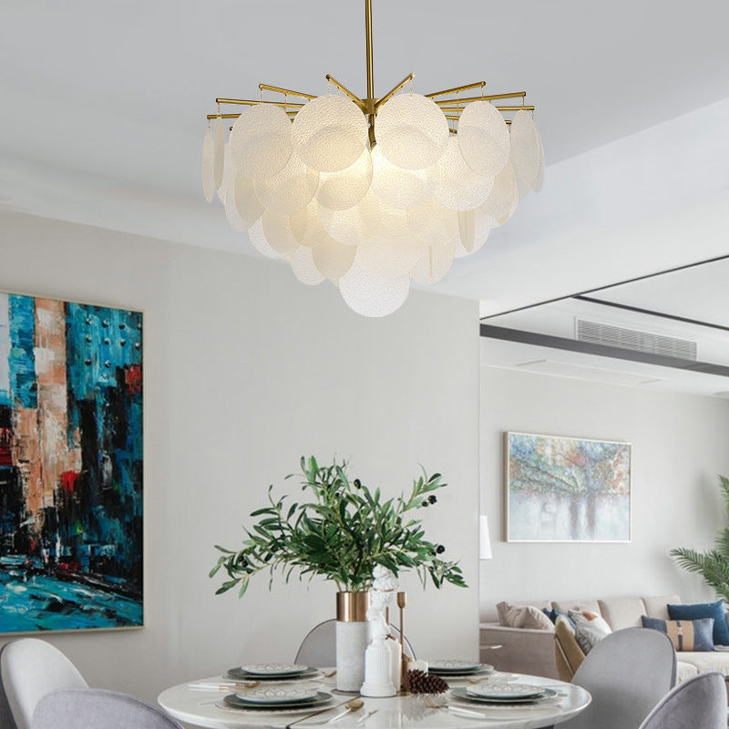 Tiered Discs Suspension Lighting Modern Dining Room Ceiling Chandelier in Brass-White Clearhalo 'Ceiling Lights' 'Chandeliers' 'Glass shade' 'Glass' 'Modern Chandeliers' 'Modern' 'Pendant Lights' Lighting' 2546957