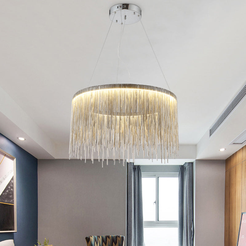 Silver Tassel Chain Pendant Lamp Modernist Metal Ceiling Chandelier in Round Shape Clearhalo 'Ceiling Lights' 'Chandeliers' 'Modern Chandeliers' 'Modern' Lighting' 2546999