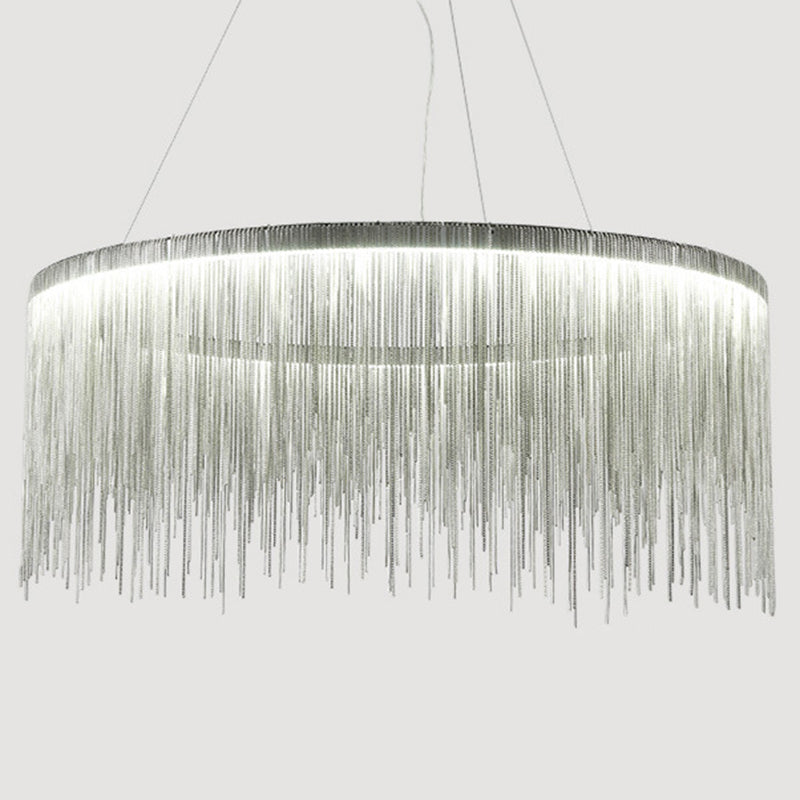 Silver Tassel Chain Pendant Lamp Modernist Metal Ceiling Chandelier in Round Shape Silver White Clearhalo 'Ceiling Lights' 'Chandeliers' 'Modern Chandeliers' 'Modern' Lighting' 2547000