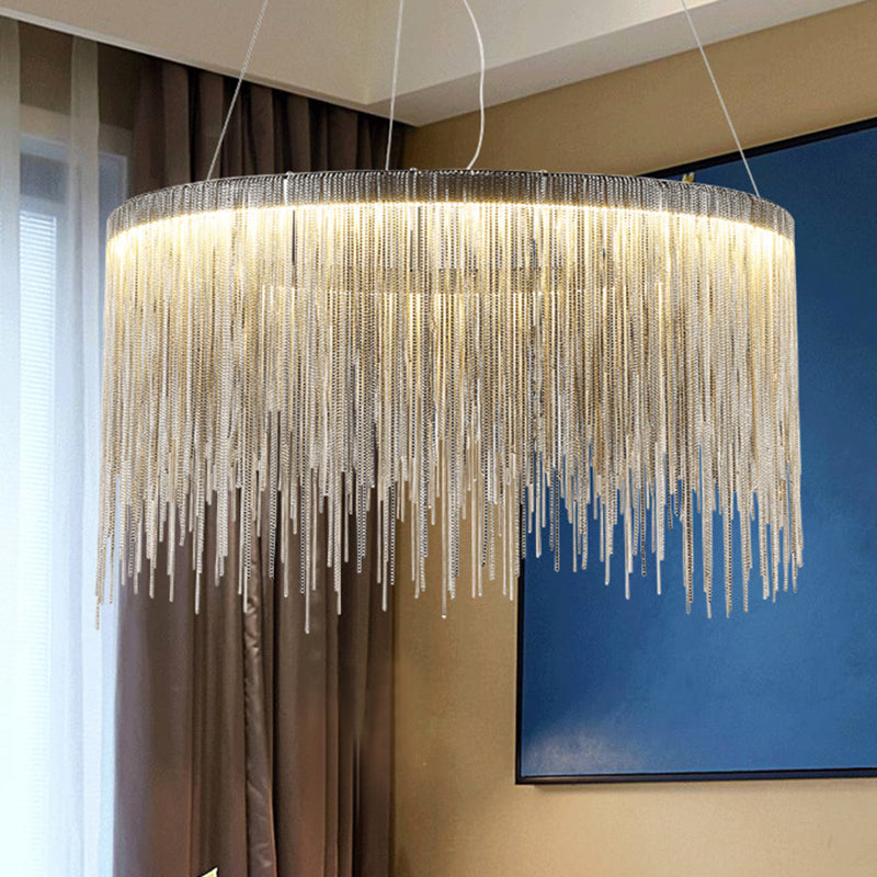 Silver Tassel Chain Pendant Lamp Modernist Metal Ceiling Chandelier in Round Shape Clearhalo 'Ceiling Lights' 'Chandeliers' 'Modern Chandeliers' 'Modern' Lighting' 2547002