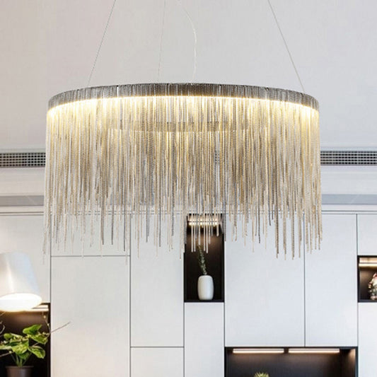 Silver Tassel Chain Pendant Lamp Modernist Metal Ceiling Chandelier in Round Shape Clearhalo 'Ceiling Lights' 'Chandeliers' 'Modern Chandeliers' 'Modern' Lighting' 2547005