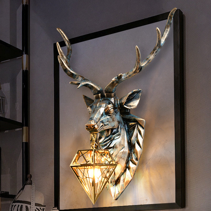 Vintage Diamond Brass Metal Sconce Light 1 Light Wall Lamp with Resin Deer Decoration, 16"/18.5" Wide Clearhalo 'Wall Lamps & Sconces' 'Wall Lights' Lighting' 254701