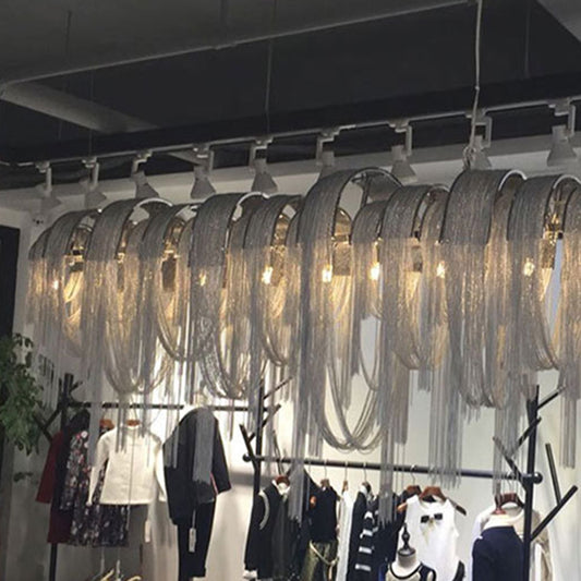 Arch Aluminum Chain Chandelier Postmodern 12-Bulb Silver Suspension Light for Lobby Clearhalo 'Ceiling Lights' 'Island Lights' Lighting' 2547025