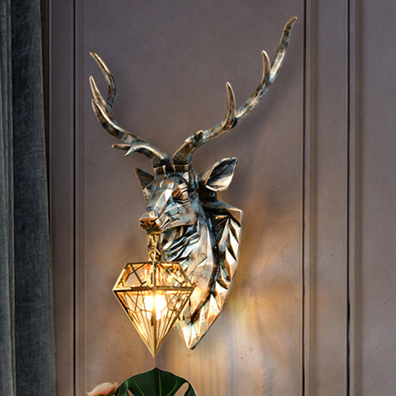 Vintage Diamond Brass Metal Sconce Light 1 Light Wall Lamp with Resin Deer Decoration, 16"/18.5" Wide Clearhalo 'Wall Lamps & Sconces' 'Wall Lights' Lighting' 254703