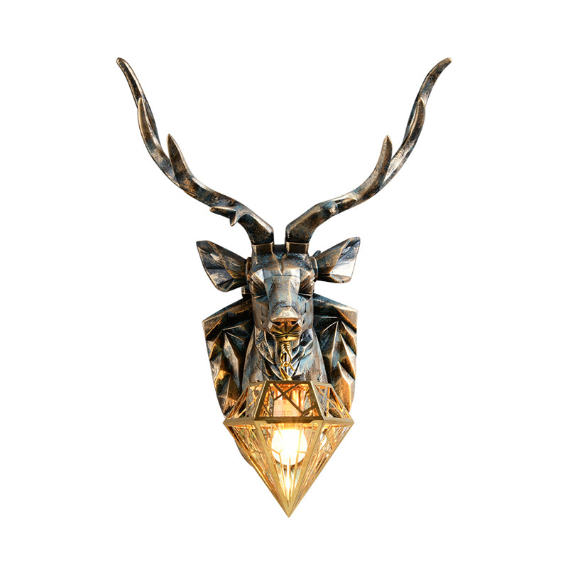 Vintage Diamond Brass Metal Sconce Light 1 Light Wall Lamp with Resin Deer Decoration, 16"/18.5" Wide Clearhalo 'Wall Lamps & Sconces' 'Wall Lights' Lighting' 254705