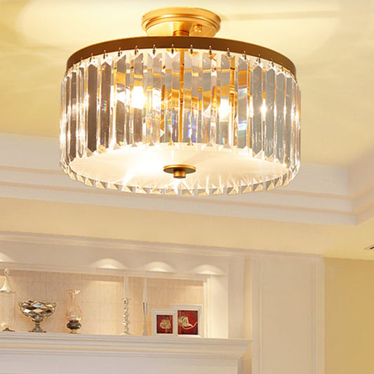 Crystal Drum Flush Mount Simplicity 3 Lights Dining Room Ceiling Lamp in Gold/Silver/Black Clearhalo 'Ceiling Lights' 'Close To Ceiling Lights' 'Close to ceiling' 'Semi-flushmount' Lighting' 254708