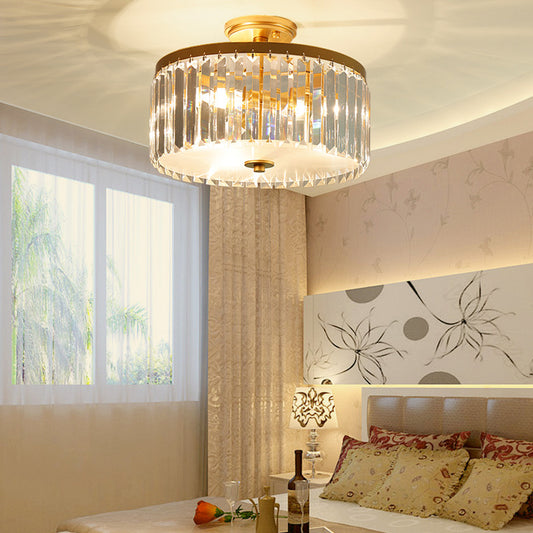 Crystal Drum Flush Mount Simplicity 3 Lights Dining Room Ceiling Lamp in Gold/Silver/Black Clearhalo 'Ceiling Lights' 'Close To Ceiling Lights' 'Close to ceiling' 'Semi-flushmount' Lighting' 254710