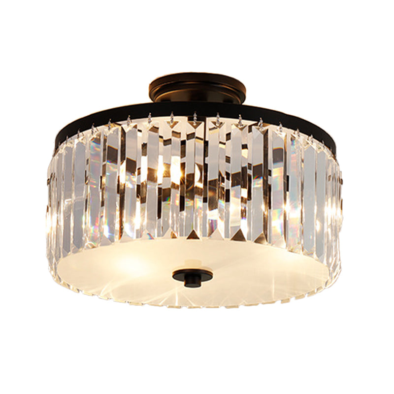 Crystal Drum Flush Mount Simplicity 3 Lights Dining Room Ceiling Lamp in Gold/Silver/Black Clearhalo 'Ceiling Lights' 'Close To Ceiling Lights' 'Close to ceiling' 'Semi-flushmount' Lighting' 254715