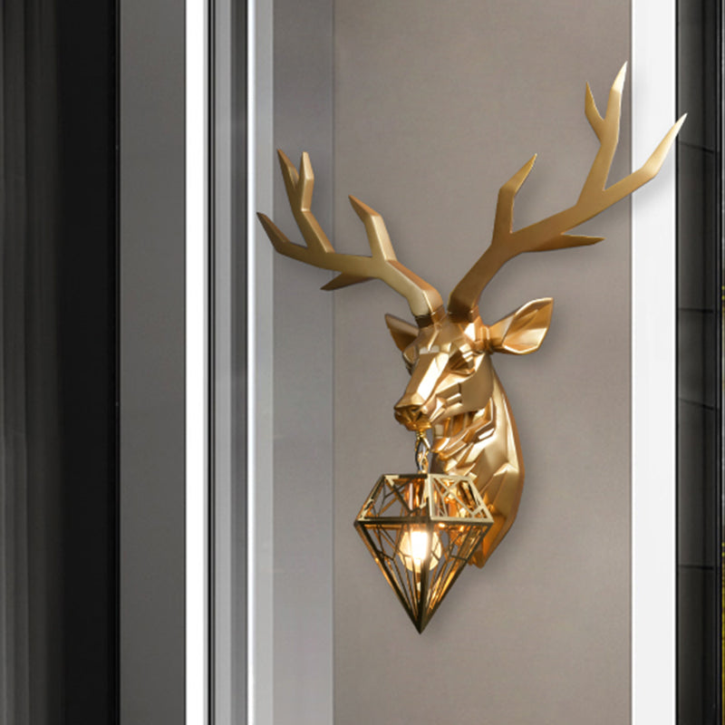 Vintage Brass Deer Resin Sconce Light 14.5"/19.5" Wide 1 Light Wall Mount Light with Diamond Metal Shade Clearhalo 'Wall Lamps & Sconces' 'Wall Lights' Lighting' 254764